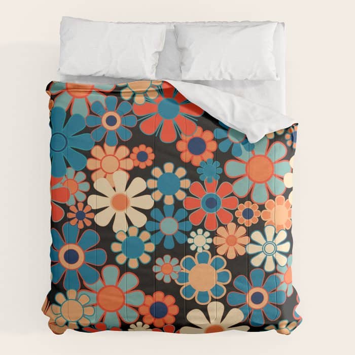 Retro Garden Night Flowers Vintage Style Floral Pattern Blue Orange Black Comforter