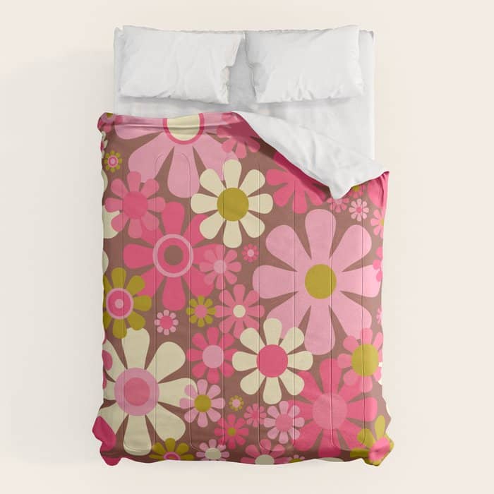 Groovy Retro Floral Garden 60s 70s Pattern In Pink Avocado Brown  Comforter
