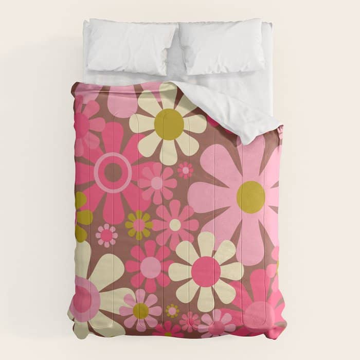Groovy Retro Floral Garden 60s 70s Pattern In Pink Avocado Brown 2 Comforter