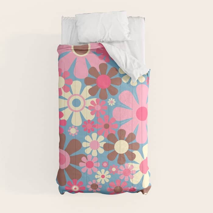 Groovy Retro Floral Garden 60s 70s Pattern In Cheerful Pink Brown And Blue Comforter