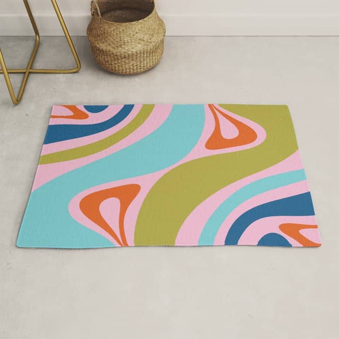 Retro Abstract New Groove Trippy Boho Pattern Multicolored On Pink Rug
