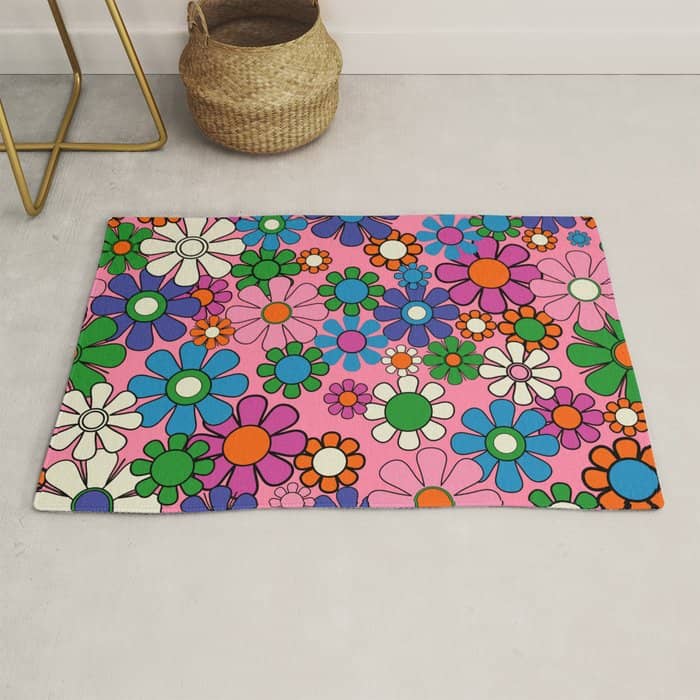 Groovy Retro Garden Colorful 60s 70s Pink Floral Pattern Rug
