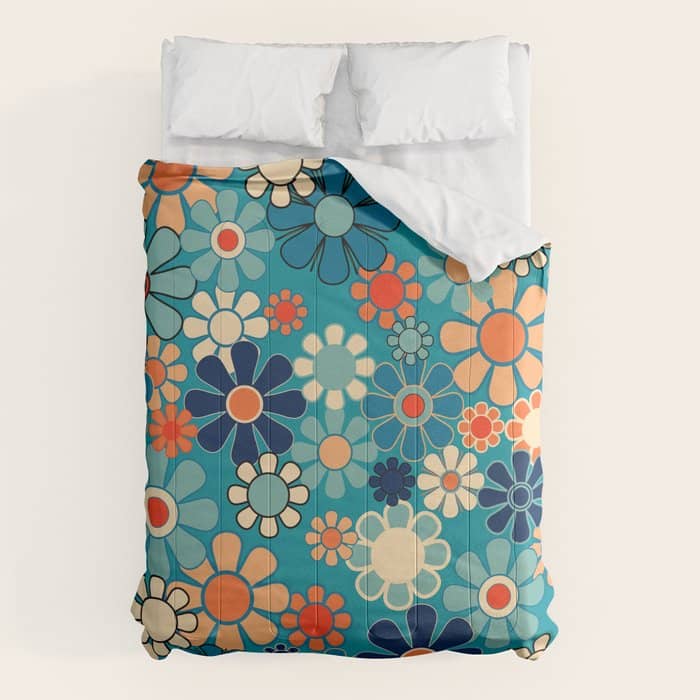 Groovy Retro Garden Flowers 60s 70s Floral Pattern In Blue And Orange Comforter