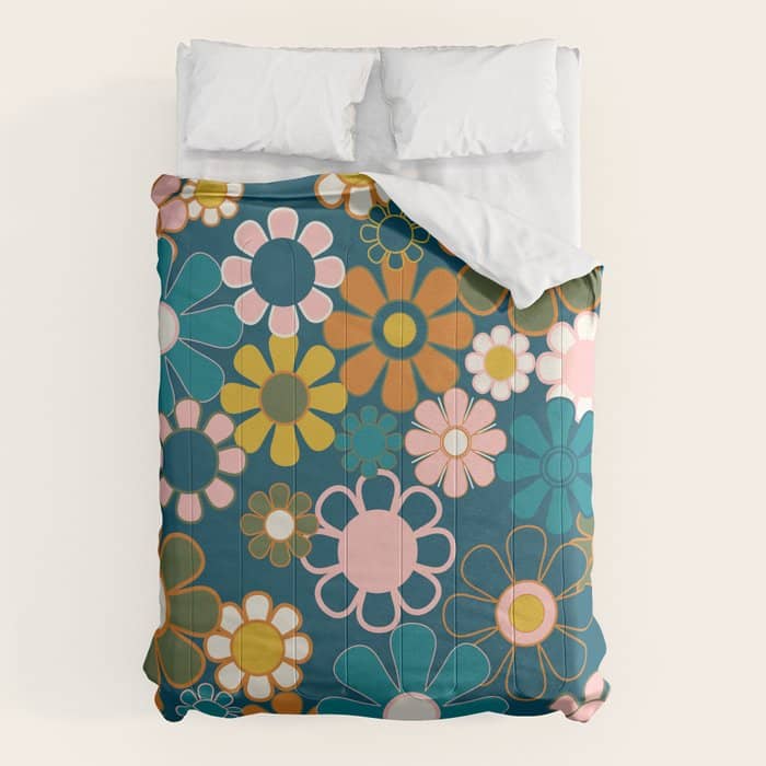Pretty Groovy Retro Garden Floral Pattern Blue Pink Orange Olive 2 Comforter