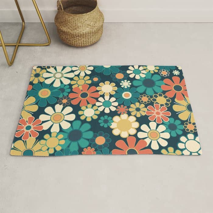 Pretty Groovy Retro Garden 60s 70s Aesthetic Floral Pattern Blue Orange Mustard Teal Rug
