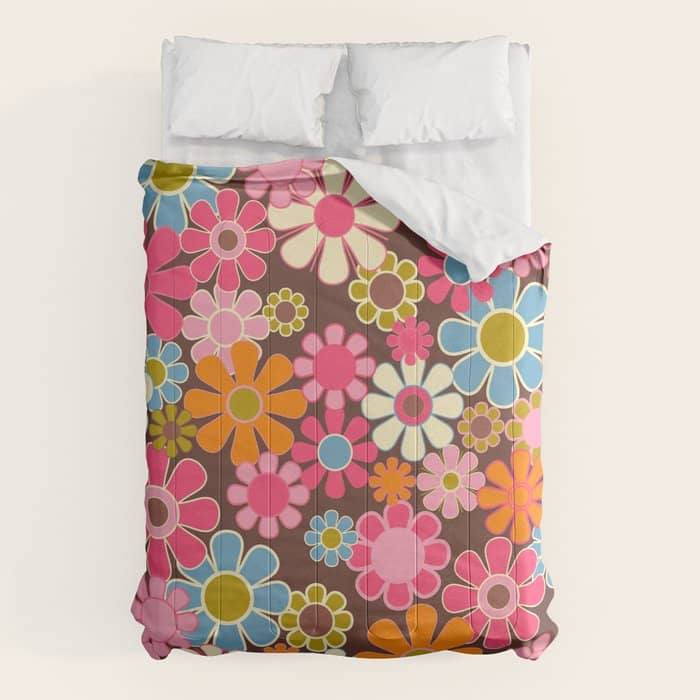 Groovy Retro Garden 60s 70s Multicolored Pink Floral Pattern On Brown Comforter