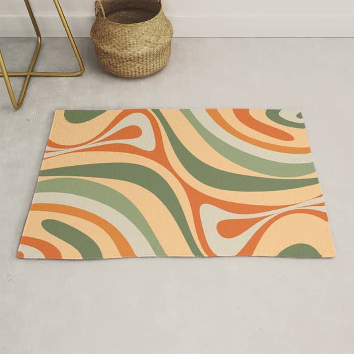 Groovy Retro Abstract New Groove Swirl Pattern In Mossy Sage Olive Green Apricot Orange Rug