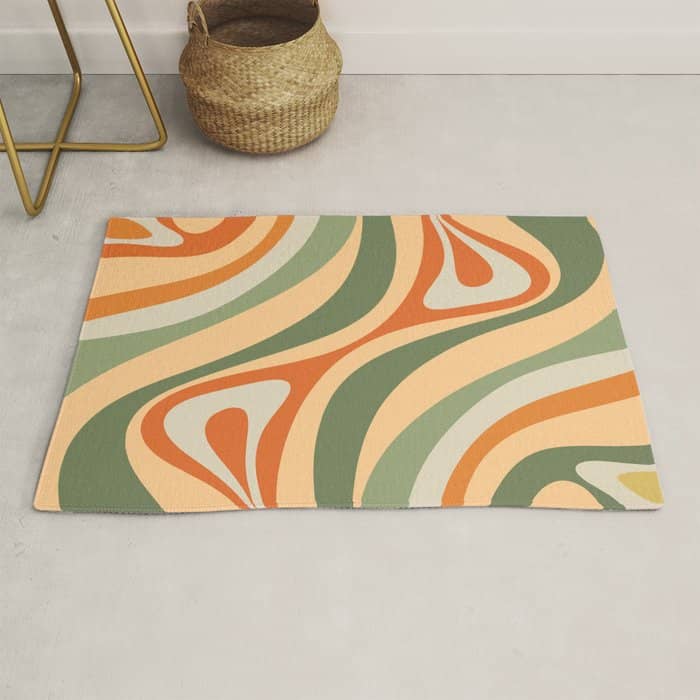 Retro Abstract New Groove Swirl Pattern In Mossy Sage Olive Green Apricot Orange Rug