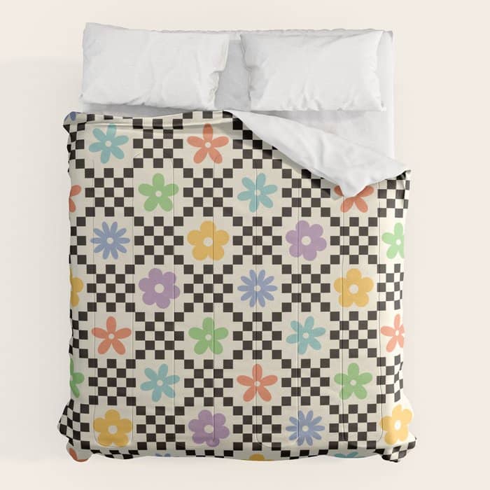Retro Colorful Flower Double Checker Comforter