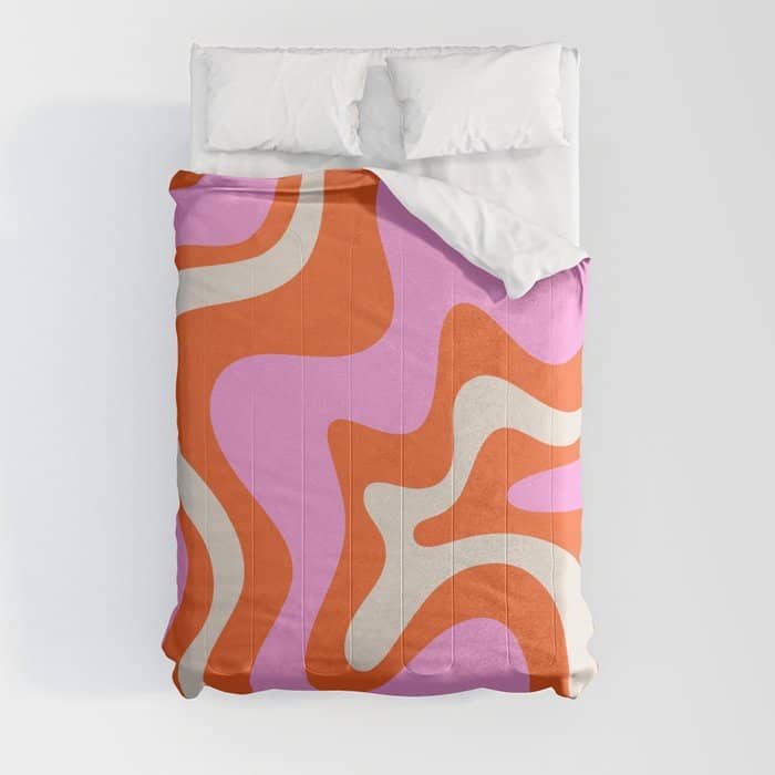 Retro Liquid Swirl Abstract Pattern Bright Pink Orange Cream Comforter