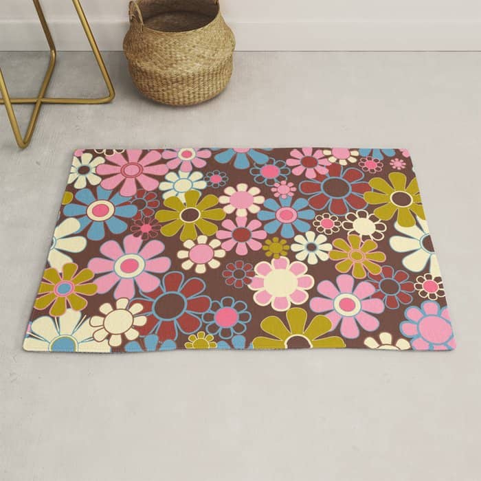 Groovy Retro Garden 60s 70s Eclectic Floral Pattern On Brown Rug