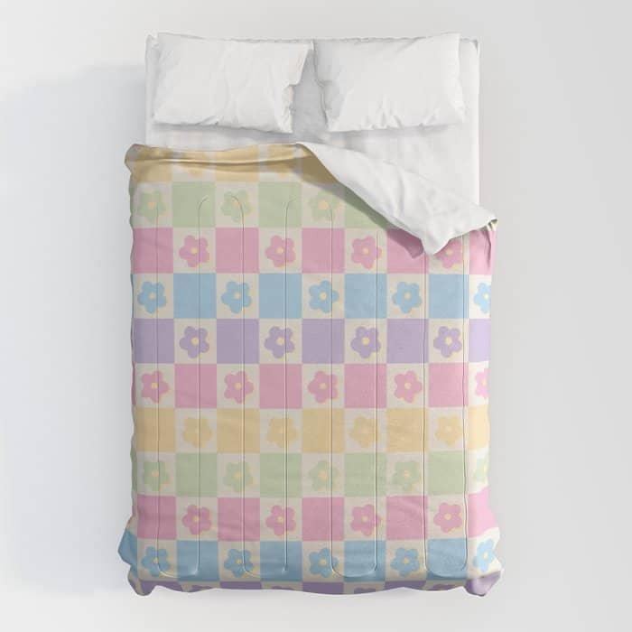 Checkered Flower Power Danish Pastel Rainbow Tones Comforter