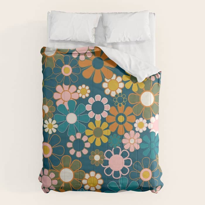 Pretty Groovy Retro Garden Floral Pattern Blue Pink Orange Olive Comforter