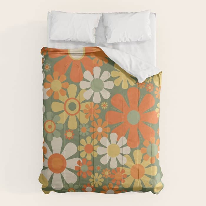 Retro Garden Flowers Groovy 60s 70s Floral Pattern In Mossy Sage Green Orange Yellow Comforter