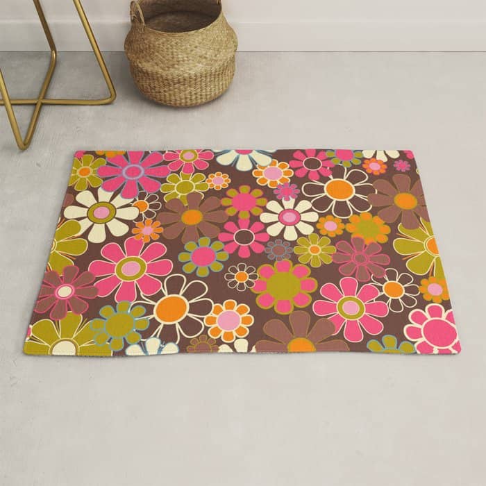 Groovy Retro Garden 60s 70s Floral Pattern Brown Avocado Pink Rug