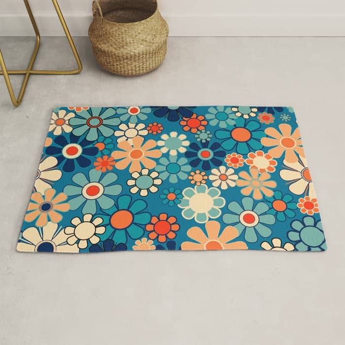 Groovy Blue Retro Garden 60s 70s Aesthetic Floral Pattern With Orange Rug