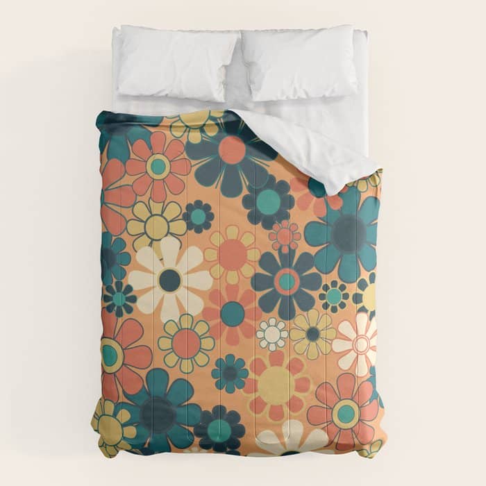 Pretty Groovy Retro Garden 60s 70s Aesthetic Floral Pattern In 1970s Orange Teal Blue And Yellow Comforter