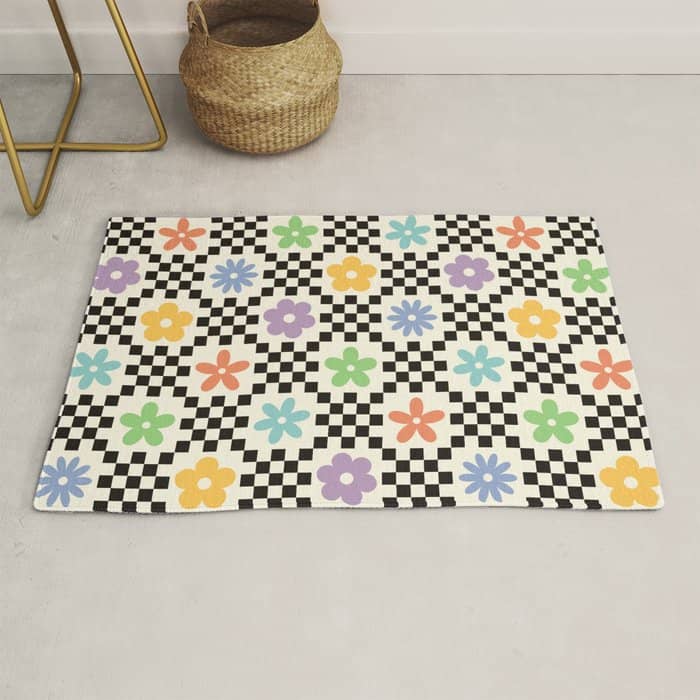 Retro Colorful Flower Double Checker Rug