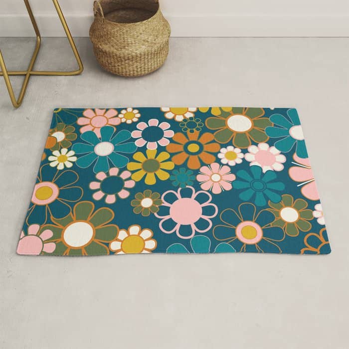 Pretty Groovy Retro Garden Floral Pattern Blue Pink Orange Olive 2 Rug