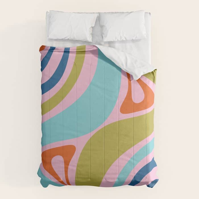 Retro Abstract New Groove Trippy Boho Pattern Multicolored On Pink Comforter