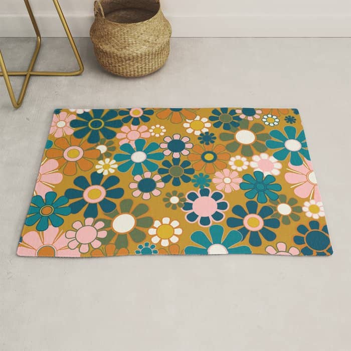 Pretty Groovy Retro Garden 60s 70s Aesthetic Floral Pattern Ochre Teal Olive Pink Rug