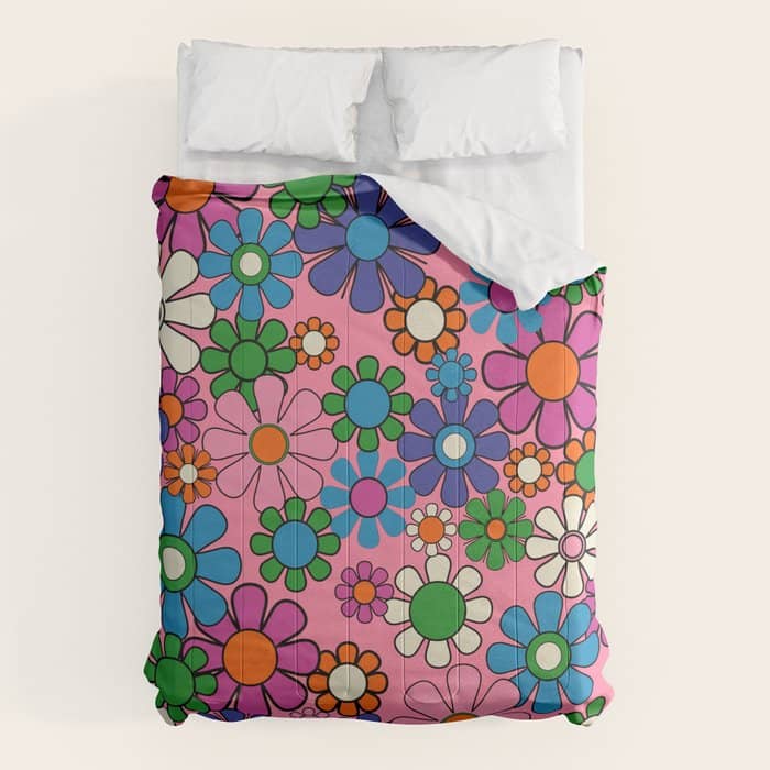Groovy Retro Garden Colorful 60s 70s Pink Floral Pattern Comforter