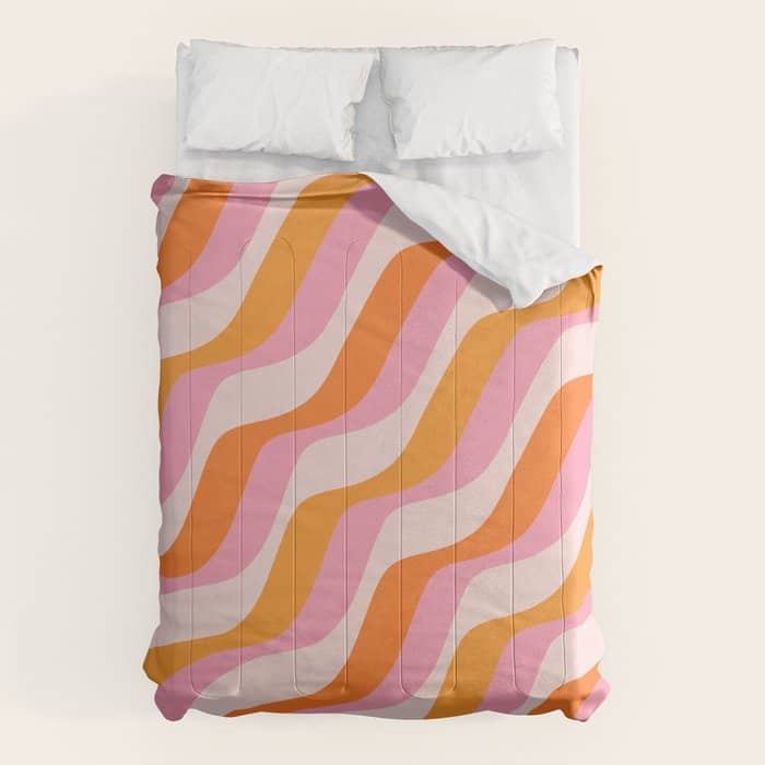 Zebra Stripes Abstract Lines Sunshine Retro Colorful Pink Orange Colors Boho Swirl Modern Pattern Comforter