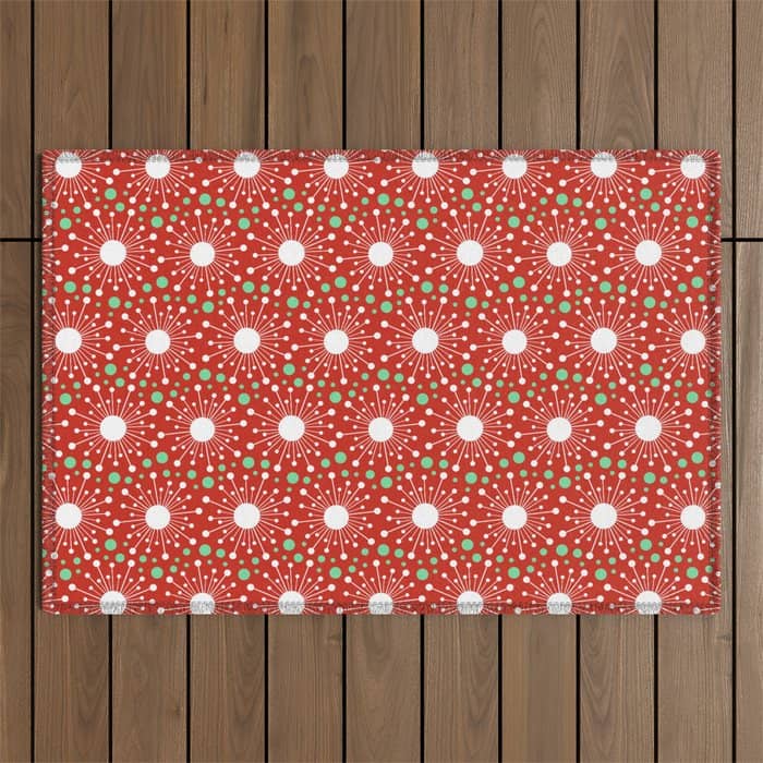 Christmas Holiday Midcentury Modern Atomic Snowflakes In Red Green And White Outdoor Rug