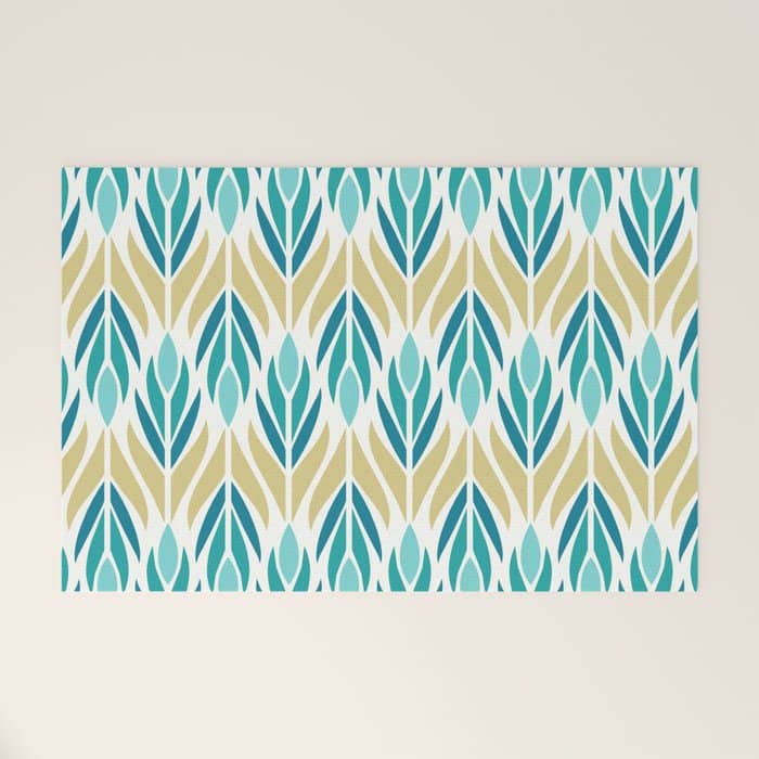 Mid Century Modern Abstract Floral Pattern In Turquoise Teal Aqua And Marigold Welcome Mat