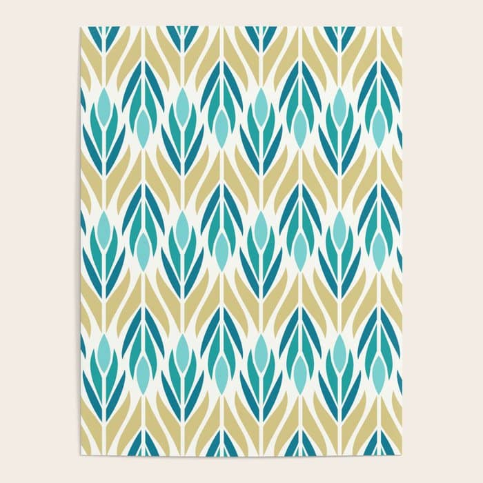 Mid Century Modern Abstract Floral Pattern In Turquoise Teal Aqua And Marigold Poster