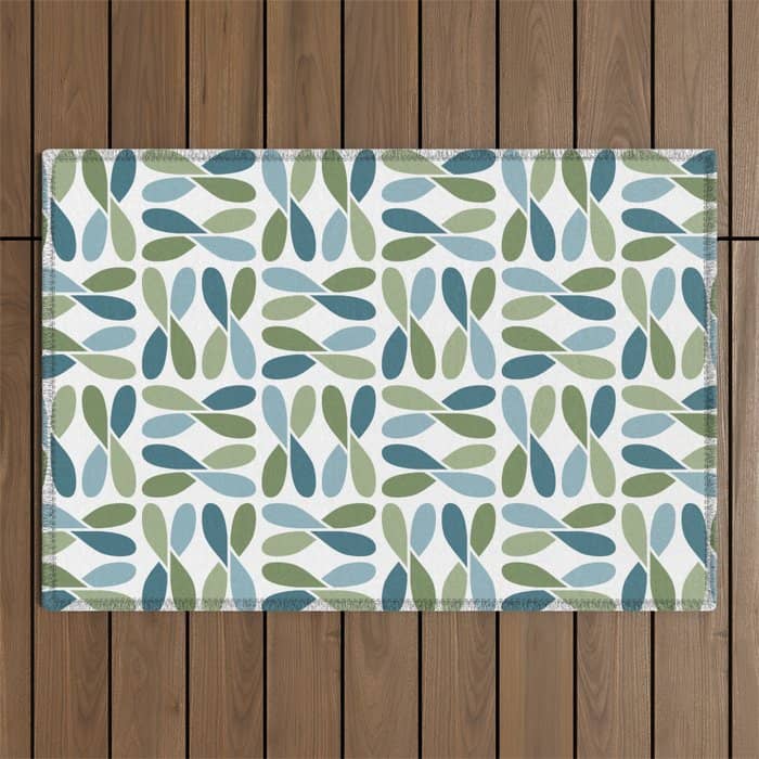 Retro Mid Century Modern Abstract Leaf Pattern Teal Blue Dill Green Outdoor Rug