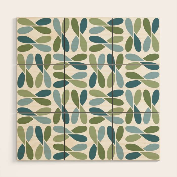 Retro Mid Century Modern Abstract Leaf Pattern Teal Blue Dill Green Wood Wall Art