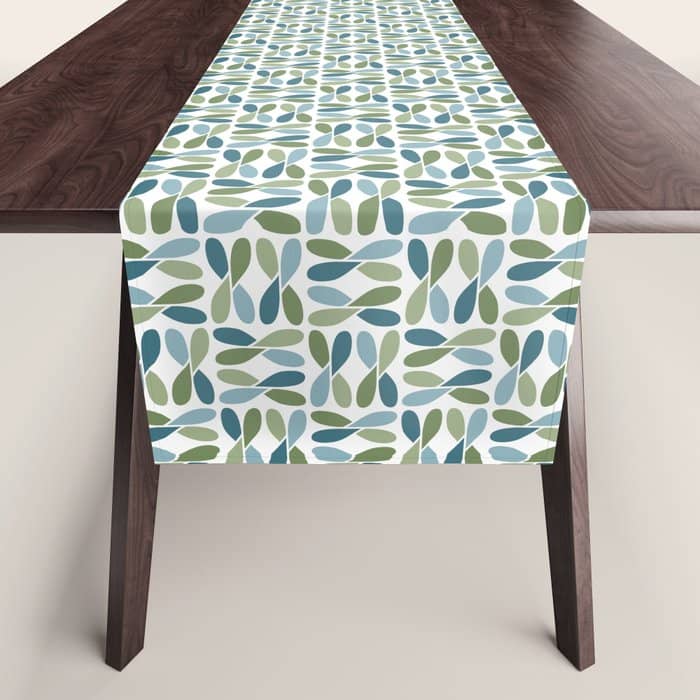 Retro Mid Century Modern Abstract Leaf Pattern Teal Blue Dill Green Table Runner