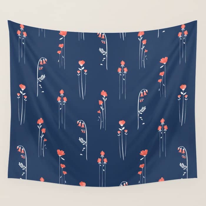 Retro Dark Flower Pattern In Modern Navy And Coral Wall Tapestry
