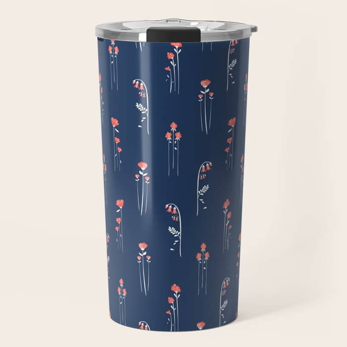 Retro Dark Flower Pattern In Modern Navy And Coral Travel Mug