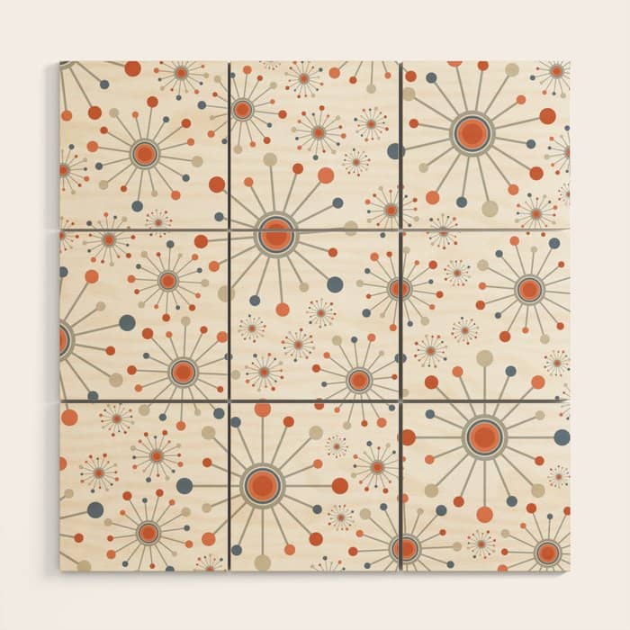 Retro Starburst Mid Century Modern Atomic Stars In Blue Orange Gray Beige Wood Wall Art