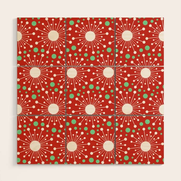 Christmas Holiday Midcentury Modern Atomic Snowflakes In Red Green And White Wood Wall Art