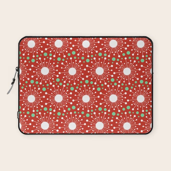 Christmas Holiday Midcentury Modern Atomic Snowflakes In Red Green And White Laptop Sleeve