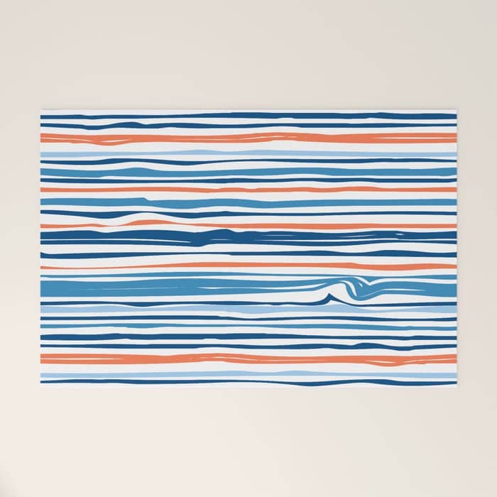 Modern Abstract Ocean Wave Stripes In Classic Blues And Orange Welcome Mat