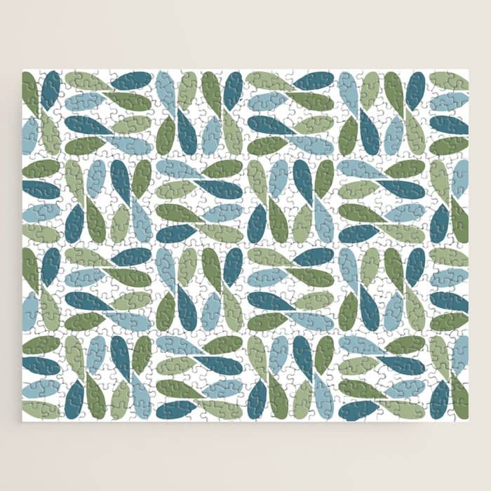 Retro Mid Century Modern Abstract Leaf Pattern Teal Blue Dill Green Jigsaw Puzzle