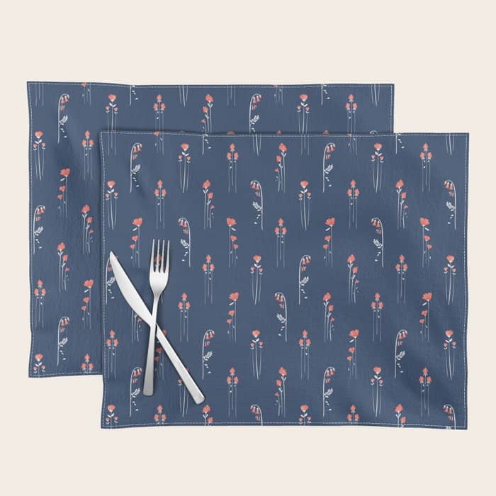 Retro Dark Flower Pattern In Modern Navy And Coral Placemat