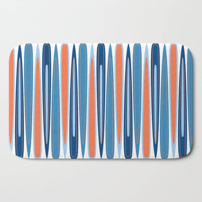 Mid Century Modern Vintage Inspired Stripes In Classic Blues And Muted Orange Bath Mat