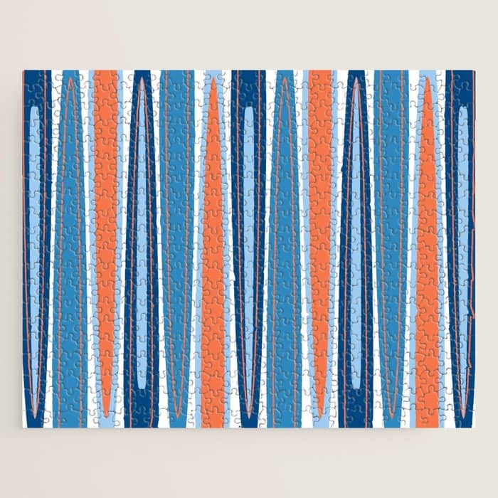 Mid Century Modern Vintage Inspired Stripes In Classic Blues And Muted Orange Jigsaw Puzzle
