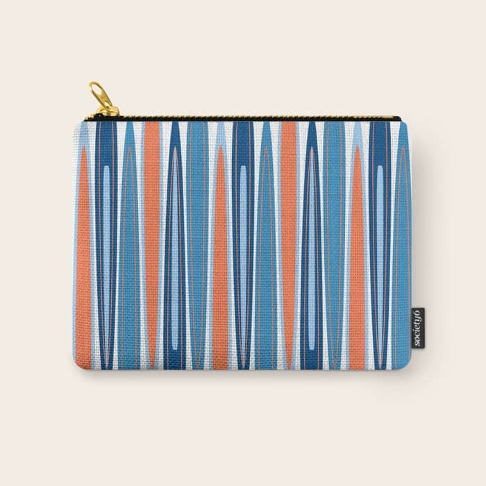Mid Century Modern Vintage Inspired Stripes In Classic Blues And Muted Orange Carry All Pouch