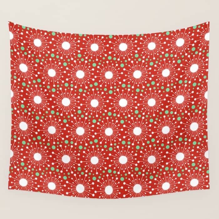 Christmas Holiday Midcentury Modern Atomic Snowflakes In Red Green And White Wall Tapestry
