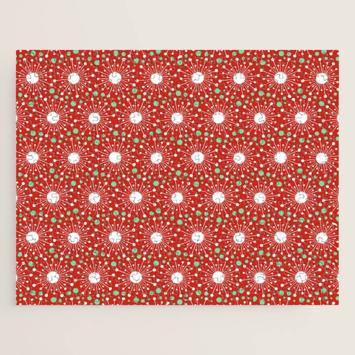 Christmas Holiday Midcentury Modern Atomic Snowflakes In Red Green And White Jigsaw Puzzle