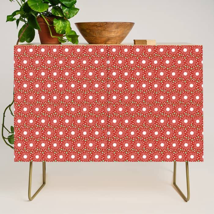 Christmas Holiday Midcentury Modern Atomic Snowflakes In Red Green And White Credenza