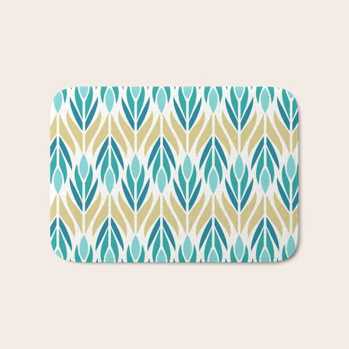 Mid Century Modern Abstract Floral Pattern In Turquoise Teal Aqua And Marigold Bath Mat