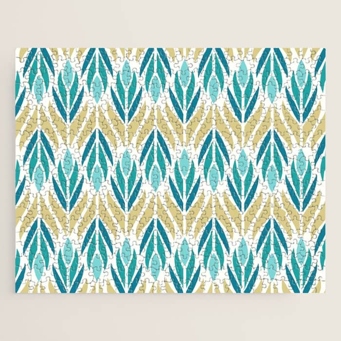 Mid Century Modern Abstract Floral Pattern In Turquoise Teal Aqua And Marigold Jigsaw Puzzle