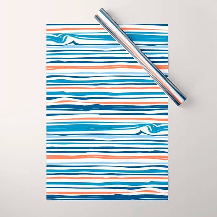 Modern Abstract Ocean Wave Stripes In Classic Blues And Orange Wrapping Paper